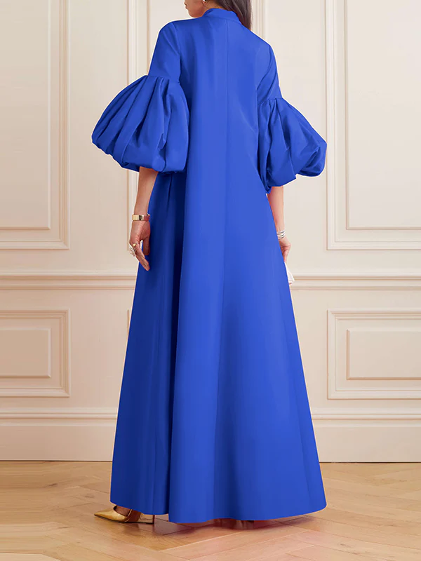 Loose Flower Shape Solid Color Stand Collar Lantern Sleeves Maxi Dresses - Image 8