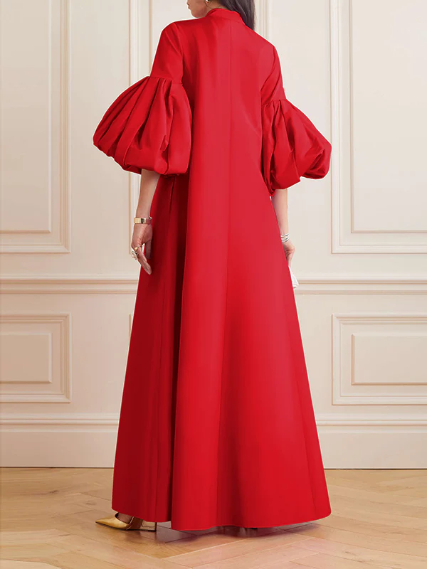 Loose Flower Shape Solid Color Stand Collar Lantern Sleeves Maxi Dresses - Image 9