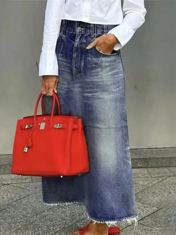 Loose Fringed No Belt Pockets Solid Color Skirts Bottoms - Image 2