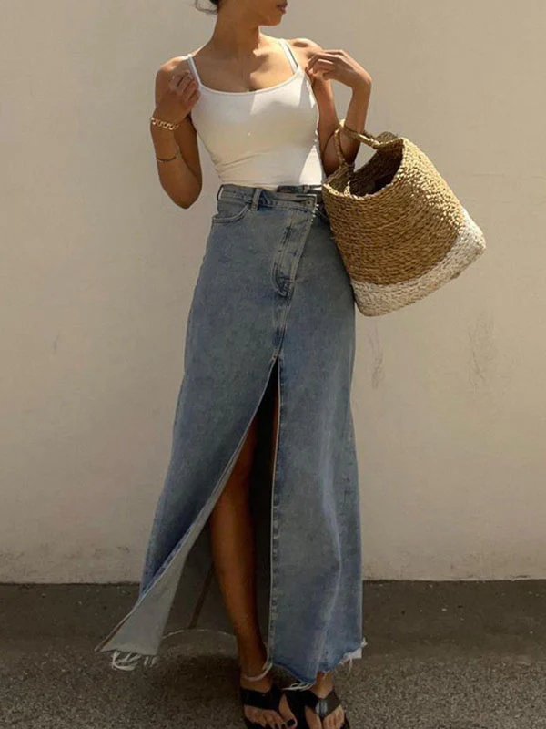 Loose Fringed Split-Front Denim Skirts Bottoms - Image 2