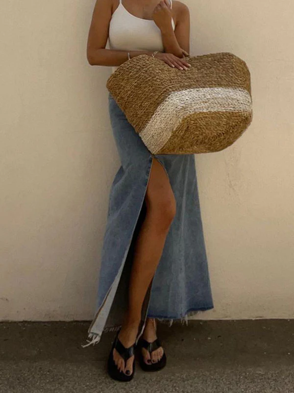 Loose Fringed Split-Front Denim Skirts Bottoms - Image 3