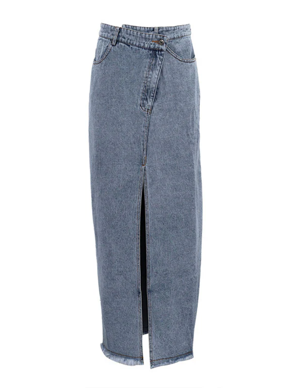 Loose Fringed Split-Front Denim Skirts Bottoms - Image 5