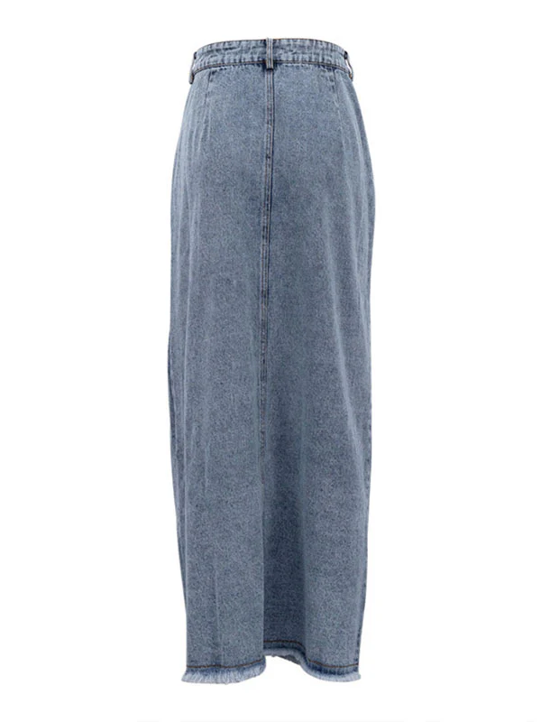 Loose Fringed Split-Front Denim Skirts Bottoms - Image 6