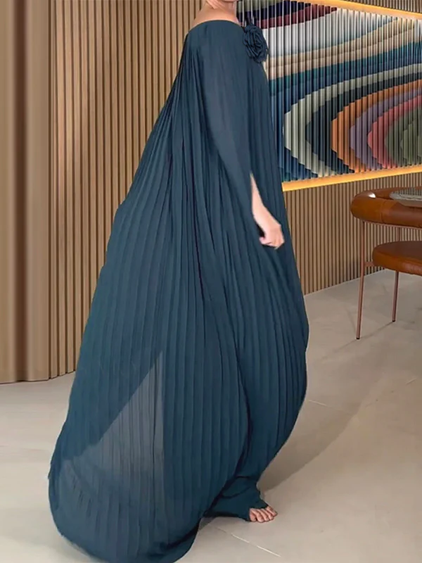 Loose Gauze Pleated Solid Color Tiered Off-The-Shoulder Evening Dresses Maxi Dresses - Image 2