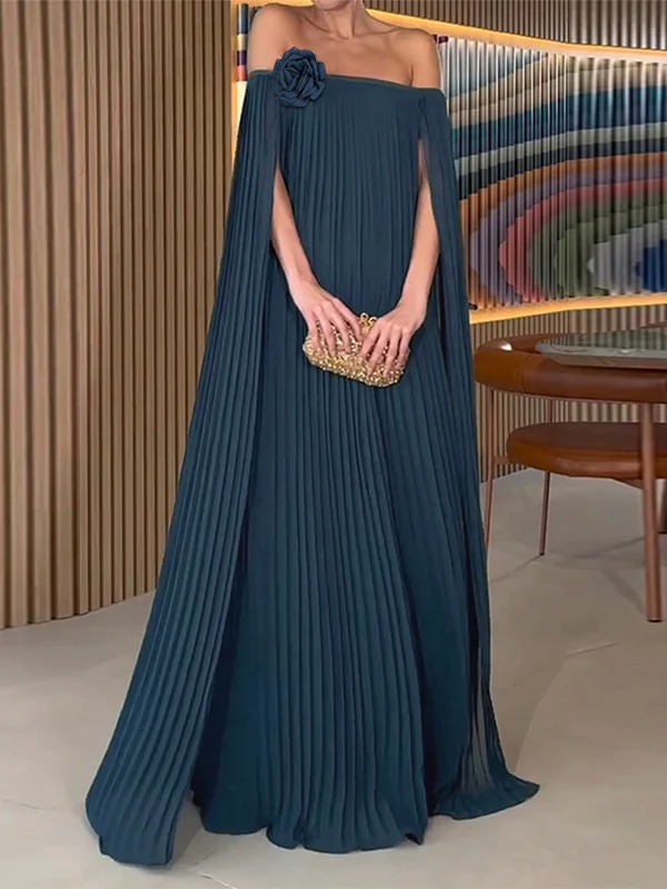 Loose Gauze Pleated Solid Color Tiered Off-The-Shoulder Evening Dresses Maxi Dresses - Image 3