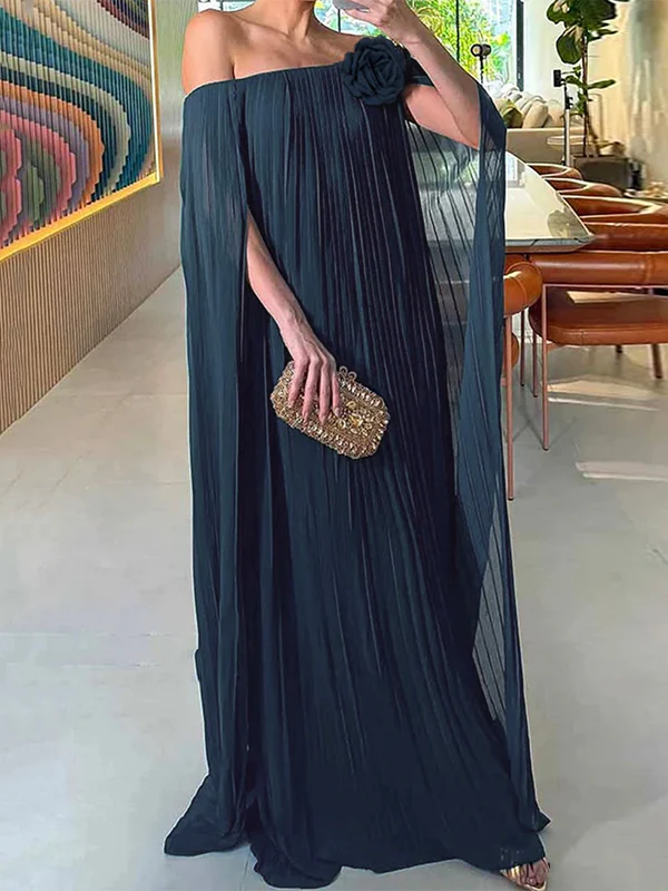 Loose Gauze Pleated Solid Color Tiered Off-The-Shoulder Evening Dresses Maxi Dresses - Image 4
