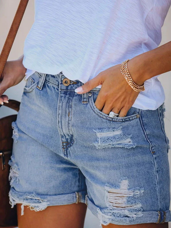 Loose Hollow Ripped Split-Joint Denim Shorts - Image 3