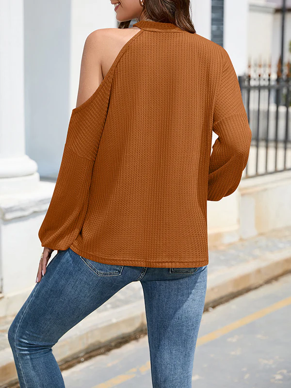 Loose Hollow Solid Color One-Shoulder Shirts - Image 10