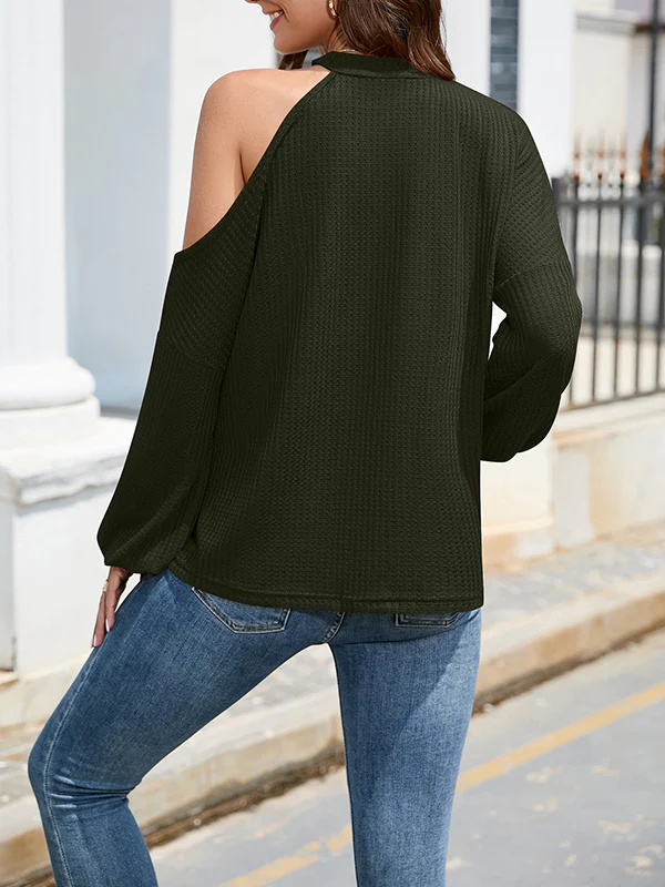 Loose Hollow Solid Color One-Shoulder Shirts - Image 13