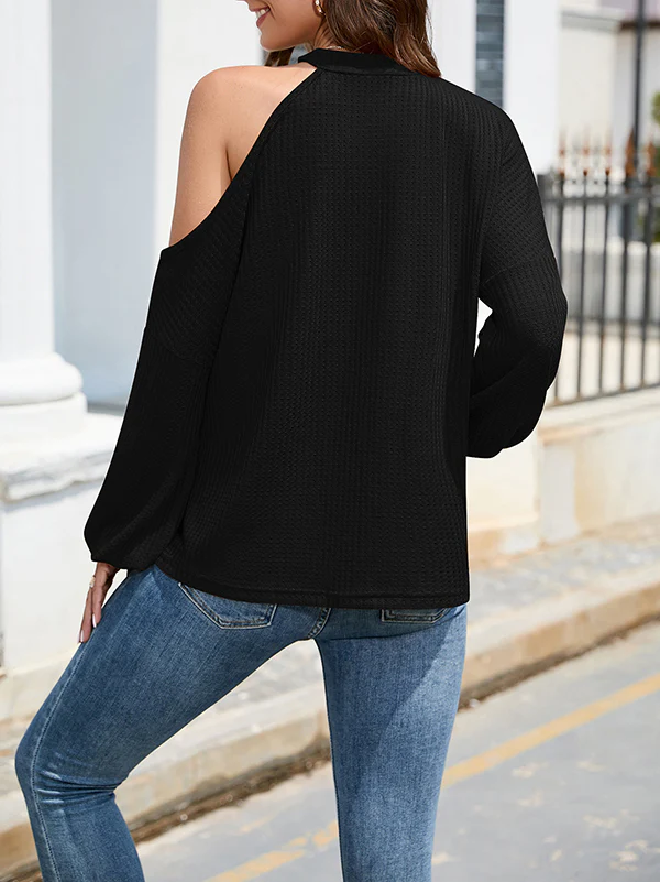 Loose Hollow Solid Color One-Shoulder Shirts - Image 15