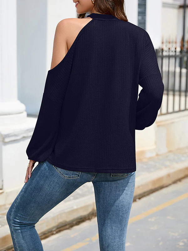 Loose Hollow Solid Color One-Shoulder Shirts - Image 18