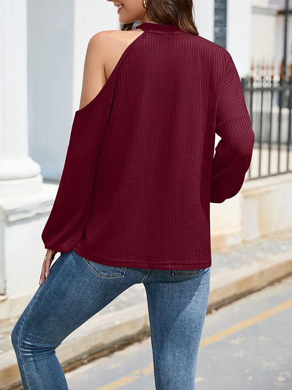Loose Hollow Solid Color One-Shoulder Shirts - Image 7