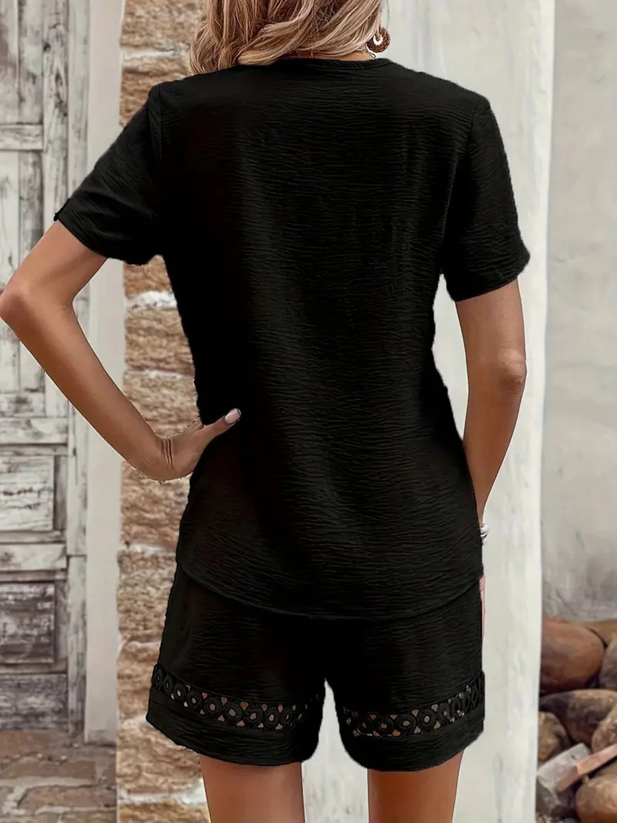 Loose Hollow Solid Color Split-Joint V-Neck Blouses&Shirts Tops +  Pleated Pockets Shorts Bottoms Two Pieces Set - Image 4