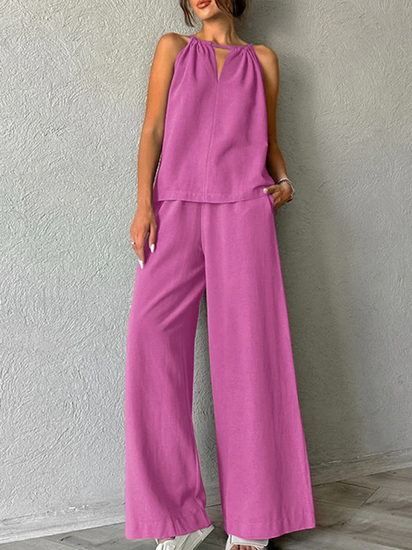 Loose Hollow Split-Joint Halter-Neck Vest + Elasticity High Waisted Pants Trousers Two Pieces Set - Image 2