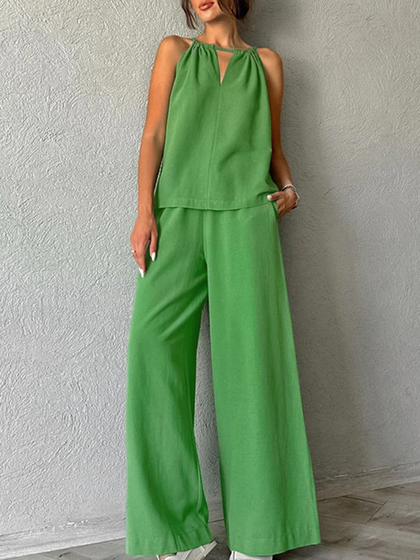 Loose Hollow Split-Joint Halter-Neck Vest + Elasticity High Waisted Pants Trousers Two Pieces Set - Image 3