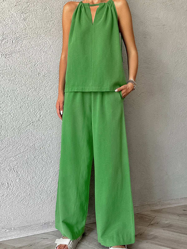 Loose Hollow Split-Joint Halter-Neck Vest + Elasticity High Waisted Pants Trousers Two Pieces Set - Image 4