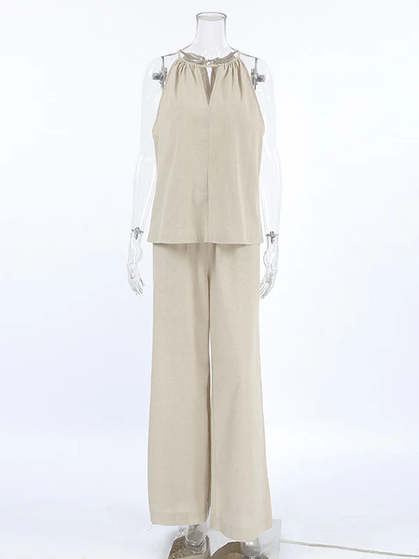 Loose Hollow Split-Joint Halter-Neck Vest + Elasticity High Waisted Pants Trousers Two Pieces Set - Image 7