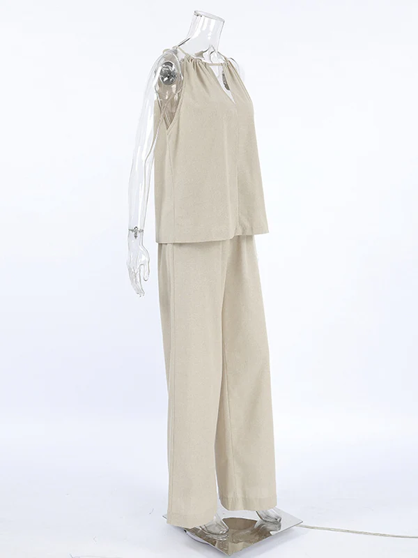 Loose Hollow Split-Joint Halter-Neck Vest + Elasticity High Waisted Pants Trousers Two Pieces Set - Image 8