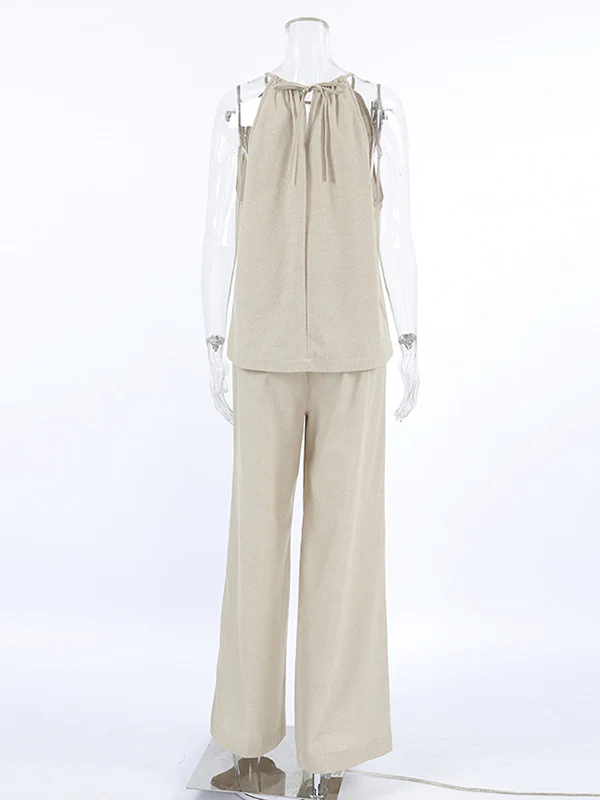 Loose Hollow Split-Joint Halter-Neck Vest + Elasticity High Waisted Pants Trousers Two Pieces Set - Image 9