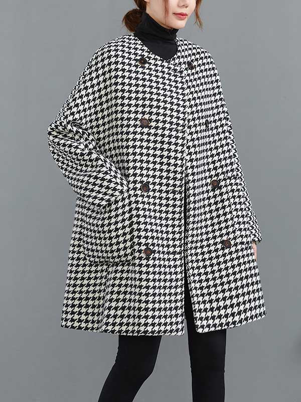 Loose Houndstooth Buttoned Round-Neck Long Sleeves Woolen Coat - Image 2