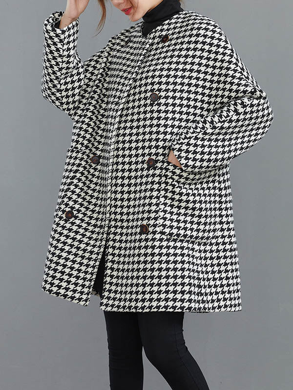 Loose Houndstooth Buttoned Round-Neck Long Sleeves Woolen Coat - Image 3