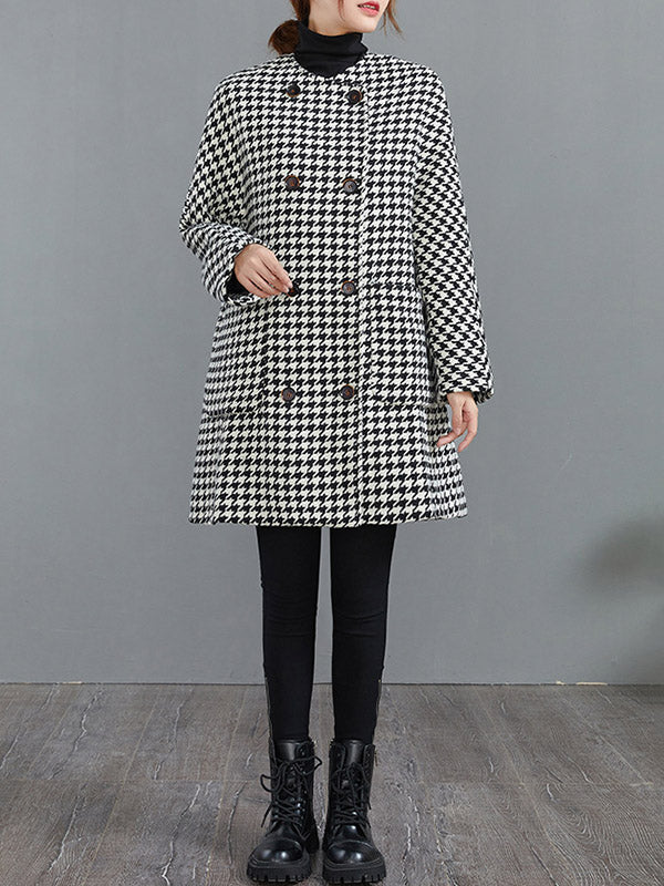 Loose Houndstooth Buttoned Round-Neck Long Sleeves Woolen Coat - Image 4