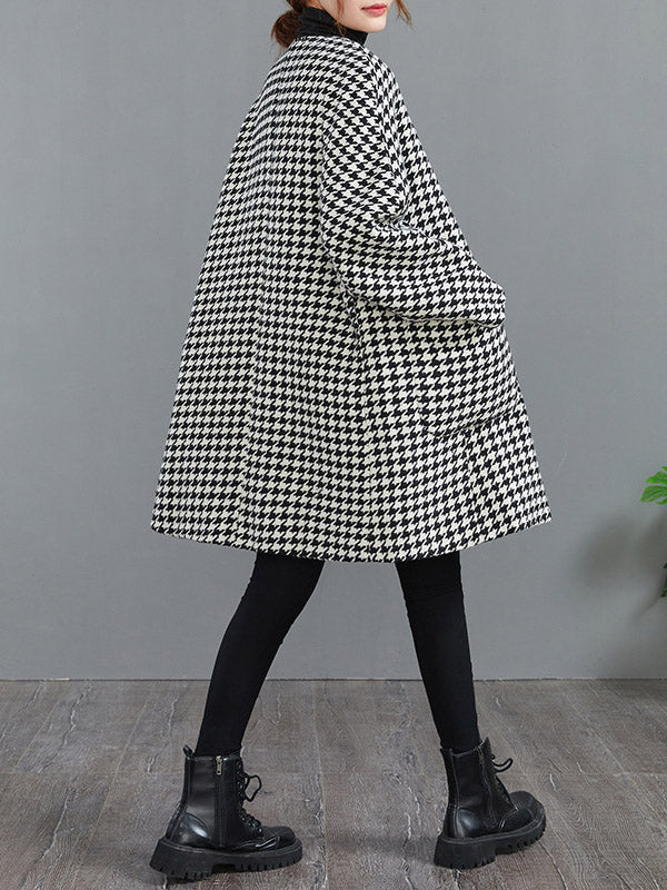 Loose Houndstooth Buttoned Round-Neck Long Sleeves Woolen Coat - Image 5