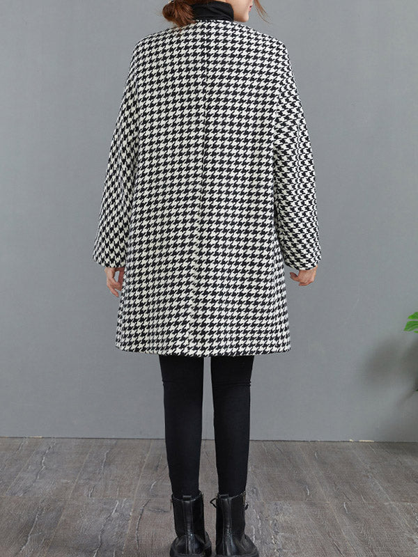 Loose Houndstooth Buttoned Round-Neck Long Sleeves Woolen Coat - Image 6