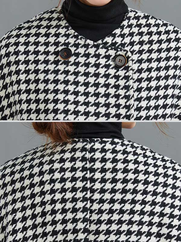 Loose Houndstooth Buttoned Round-Neck Long Sleeves Woolen Coat - Image 7