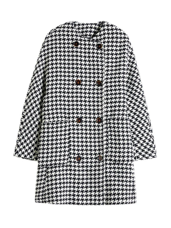 Loose Houndstooth Buttoned Round-Neck Long Sleeves Woolen Coat - Image 8