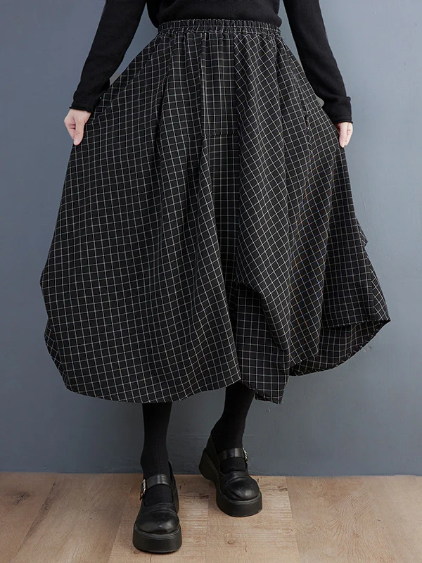 Loose Irregular Clipping Plaid Asymmetric Elasticity Skirts Bottoms - Image 2