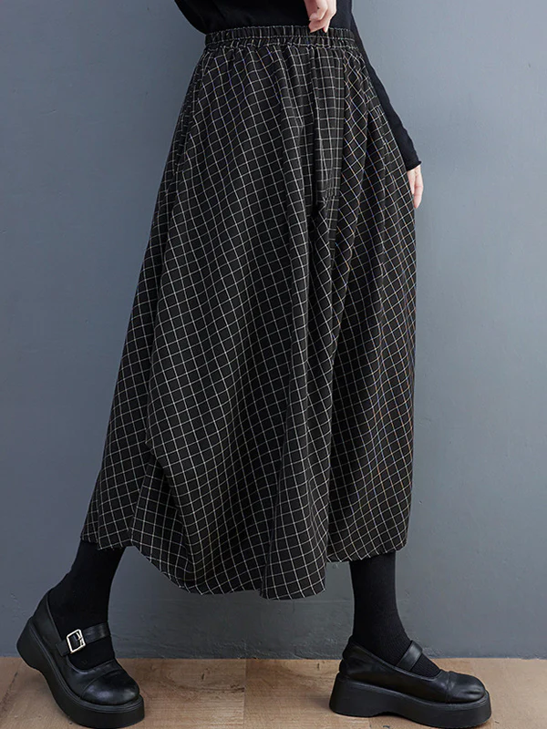 Loose Irregular Clipping Plaid Asymmetric Elasticity Skirts Bottoms - Image 3