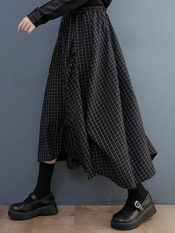 Loose Irregular Clipping Plaid Asymmetric Elasticity Skirts Bottoms - Image 4