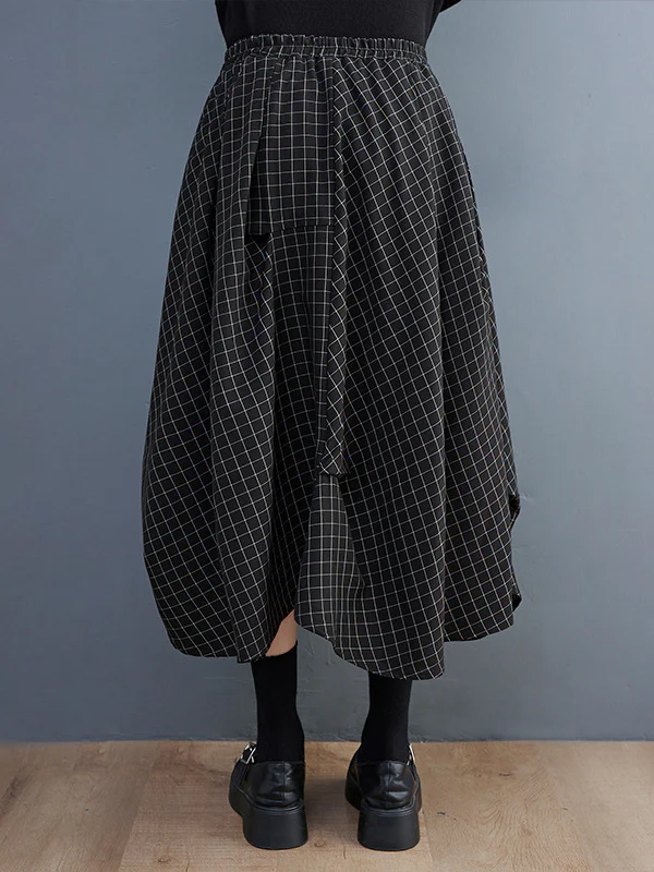 Loose Irregular Clipping Plaid Asymmetric Elasticity Skirts Bottoms - Image 5