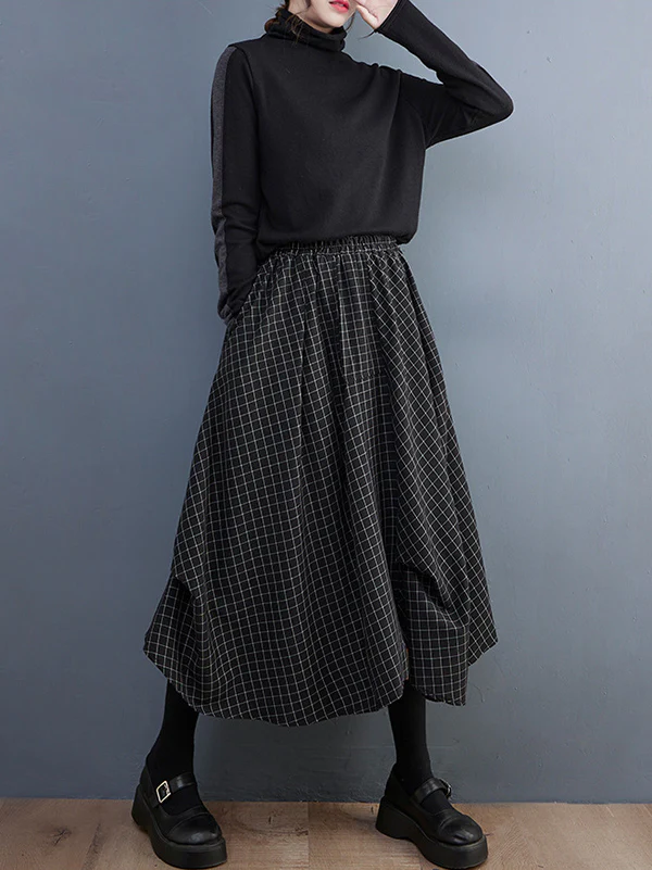Loose Irregular Clipping Plaid Asymmetric Elasticity Skirts Bottoms - Image 7