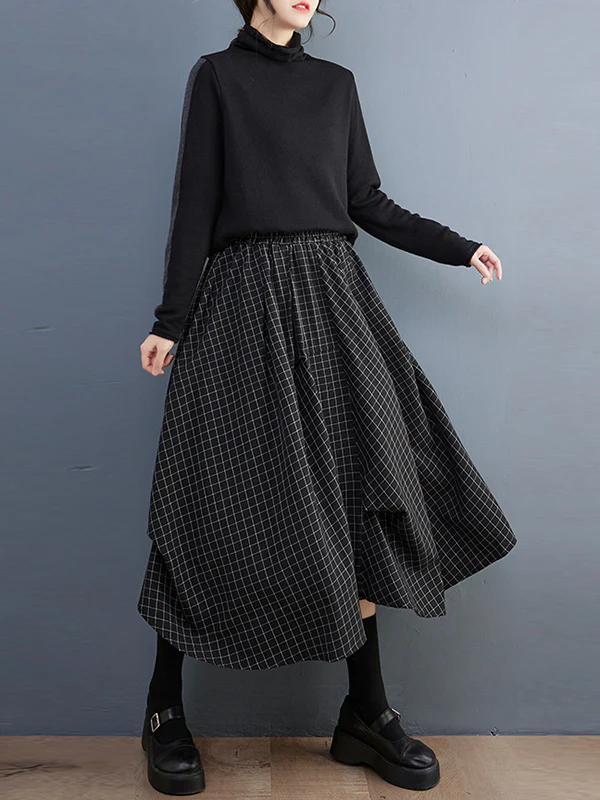 Loose Irregular Clipping Plaid Asymmetric Elasticity Skirts Bottoms - Image 8