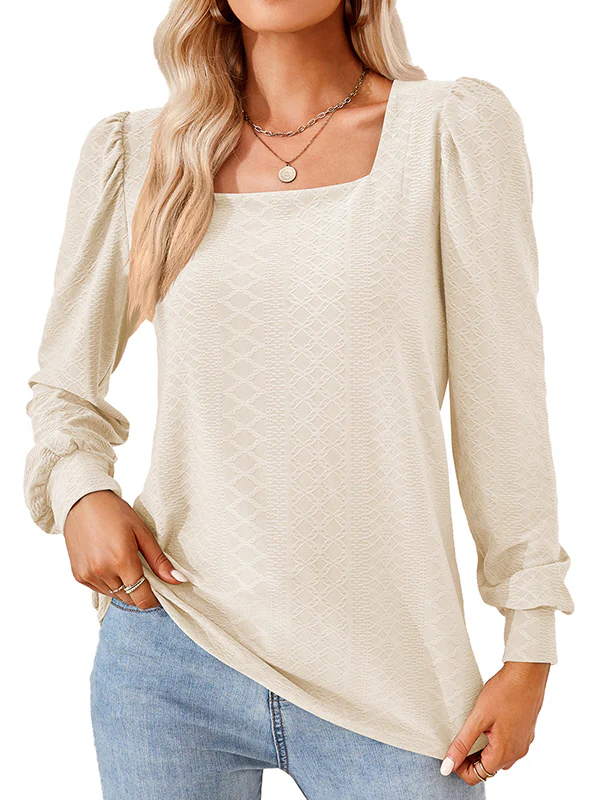 Loose Jacquard Solid Color Square-neck T-Shirts Tops - Image 12