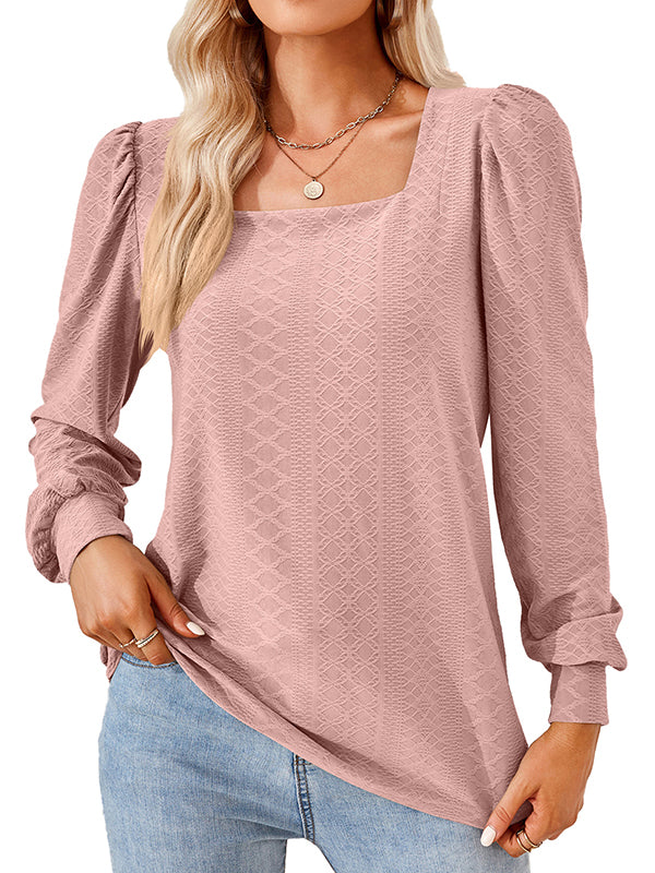Loose Jacquard Solid Color Square-neck T-Shirts Tops - Image 16
