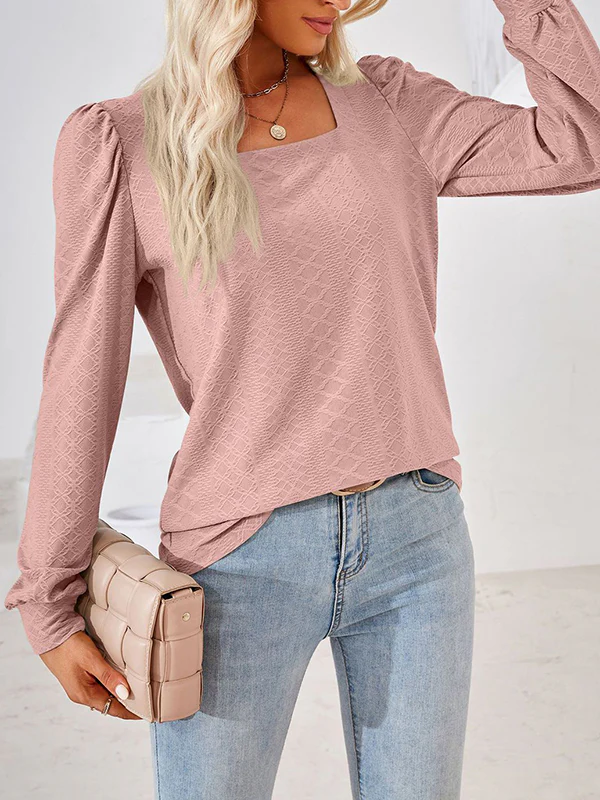 Loose Jacquard Solid Color Square-neck T-Shirts Tops - Image 17
