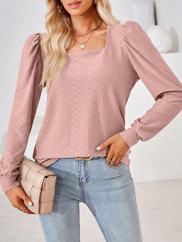 Loose Jacquard Solid Color Square-neck T-Shirts Tops - Image 18
