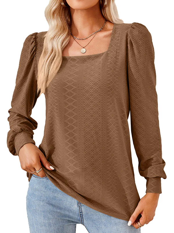 Loose Jacquard Solid Color Square-neck T-Shirts Tops - Image 20