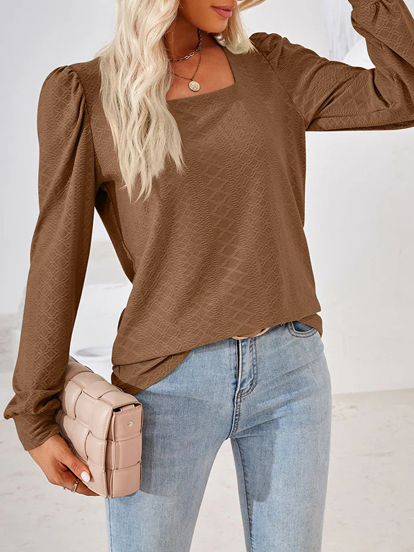 Loose Jacquard Solid Color Square-neck T-Shirts Tops - Image 21