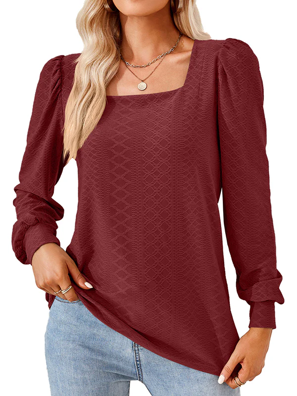 Loose Jacquard Solid Color Square-neck T-Shirts Tops - Image 24