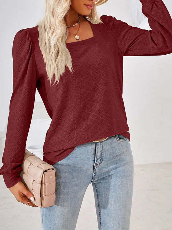 Loose Jacquard Solid Color Square-neck T-Shirts Tops - Image 25