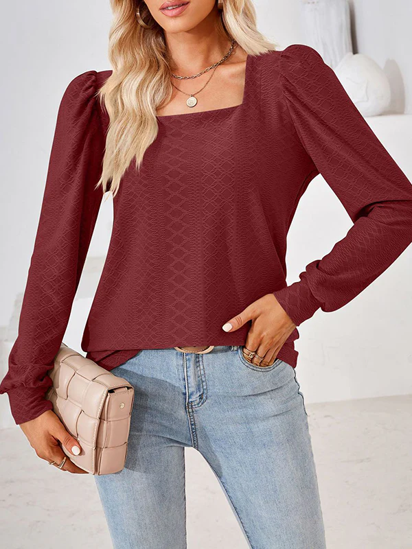 Loose Jacquard Solid Color Square-neck T-Shirts Tops - Image 26