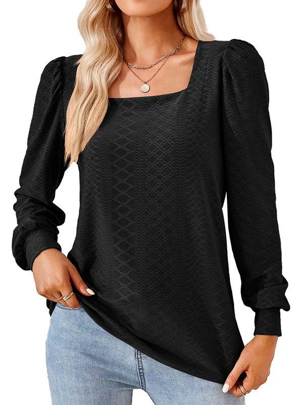 Loose Jacquard Solid Color Square-neck T-Shirts Tops - Image 28