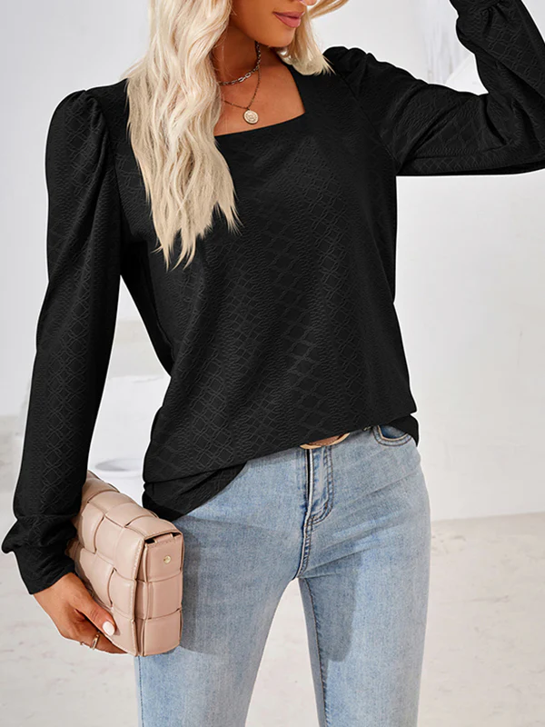 Loose Jacquard Solid Color Square-neck T-Shirts Tops - Image 29
