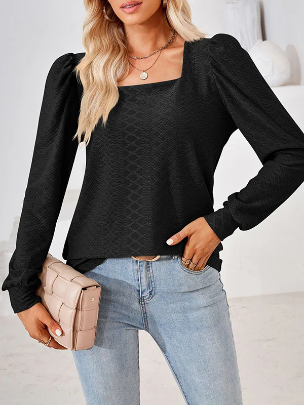 Loose Jacquard Solid Color Square-neck T-Shirts Tops - Image 30