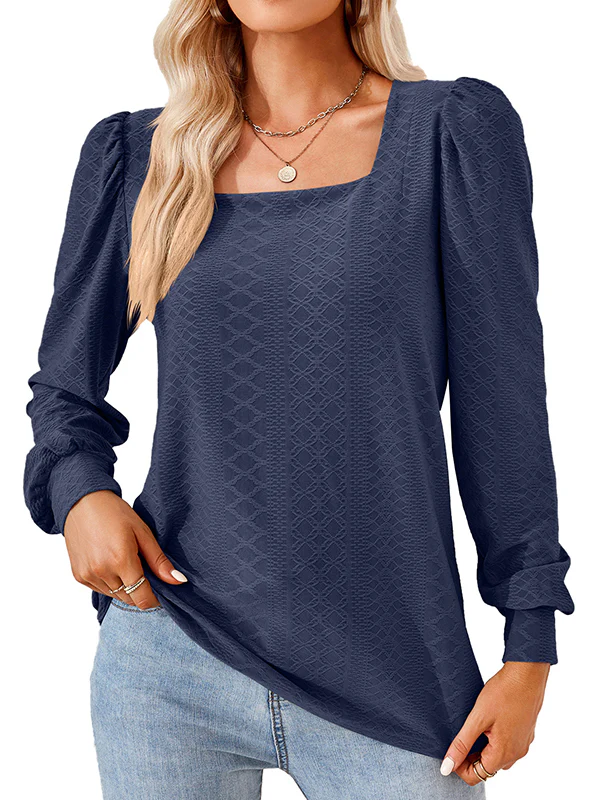 Loose Jacquard Solid Color Square-neck T-Shirts Tops - Image 32