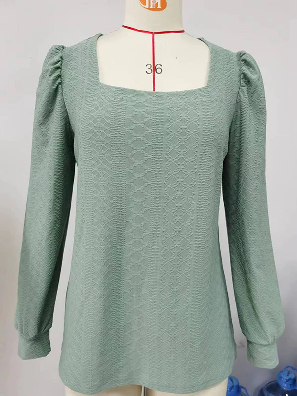 Loose Jacquard Solid Color Square-neck T-Shirts Tops - Image 36